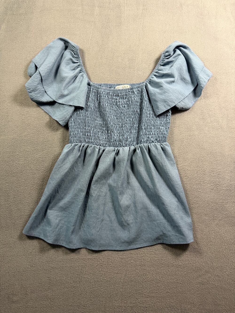 Heytalala Top Womens Small Blue Smocked Peplum Flutter Sleeve Square Neck Boho
